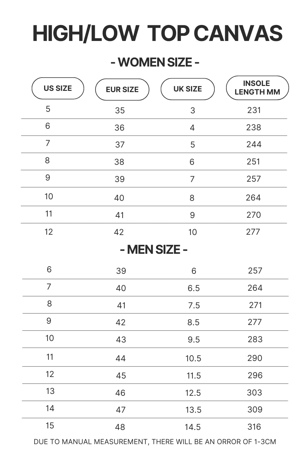 High Top Low Top Canvas Shoes Size Chart 1 3 - Berserk EU Store